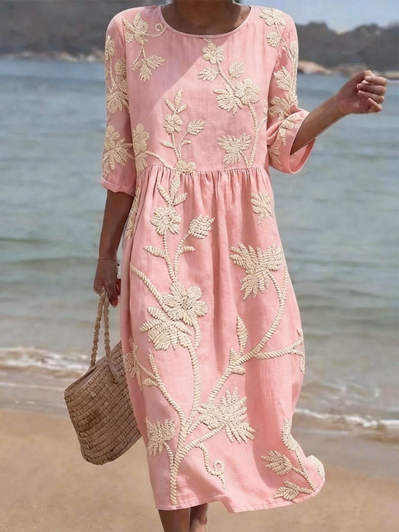 Embroidered Floral Midi Dress for Women, Gathered Waist