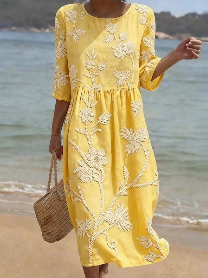 Embroidered Floral Midi Dress for Women, Gathered Waist