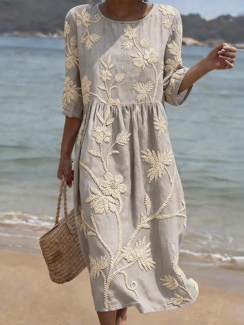 Embroidered Floral Midi Dress for Women, Gathered Waist