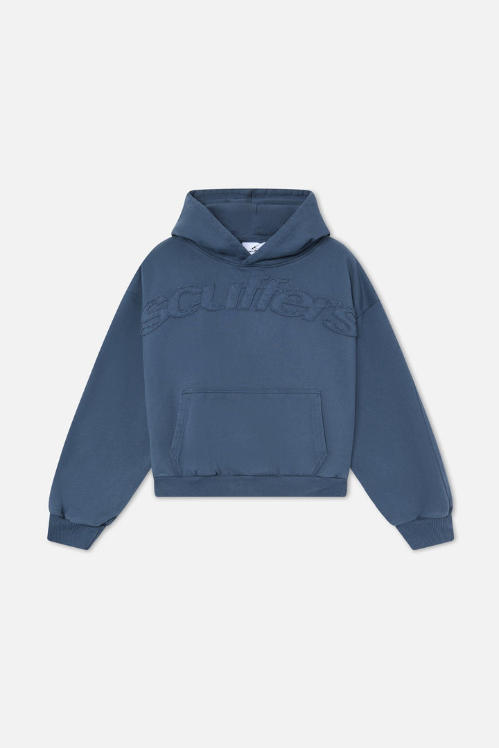 Unisex pullover hoodie with hood, embossed chest lettering and kangaroo pocket