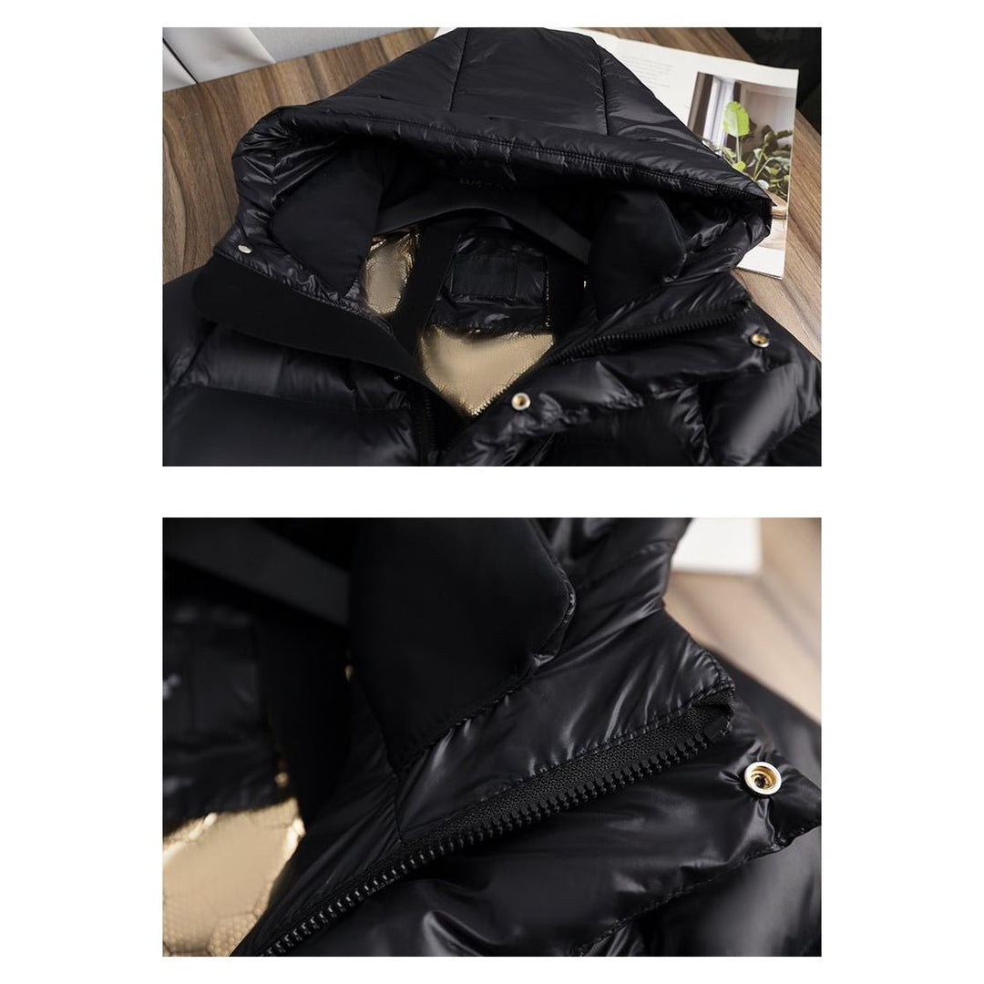 Women's black longline hooded puffer jacket with horizontal quilting