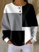 Women's black white and gray geometric color block waffle sweatshirt with button neckline