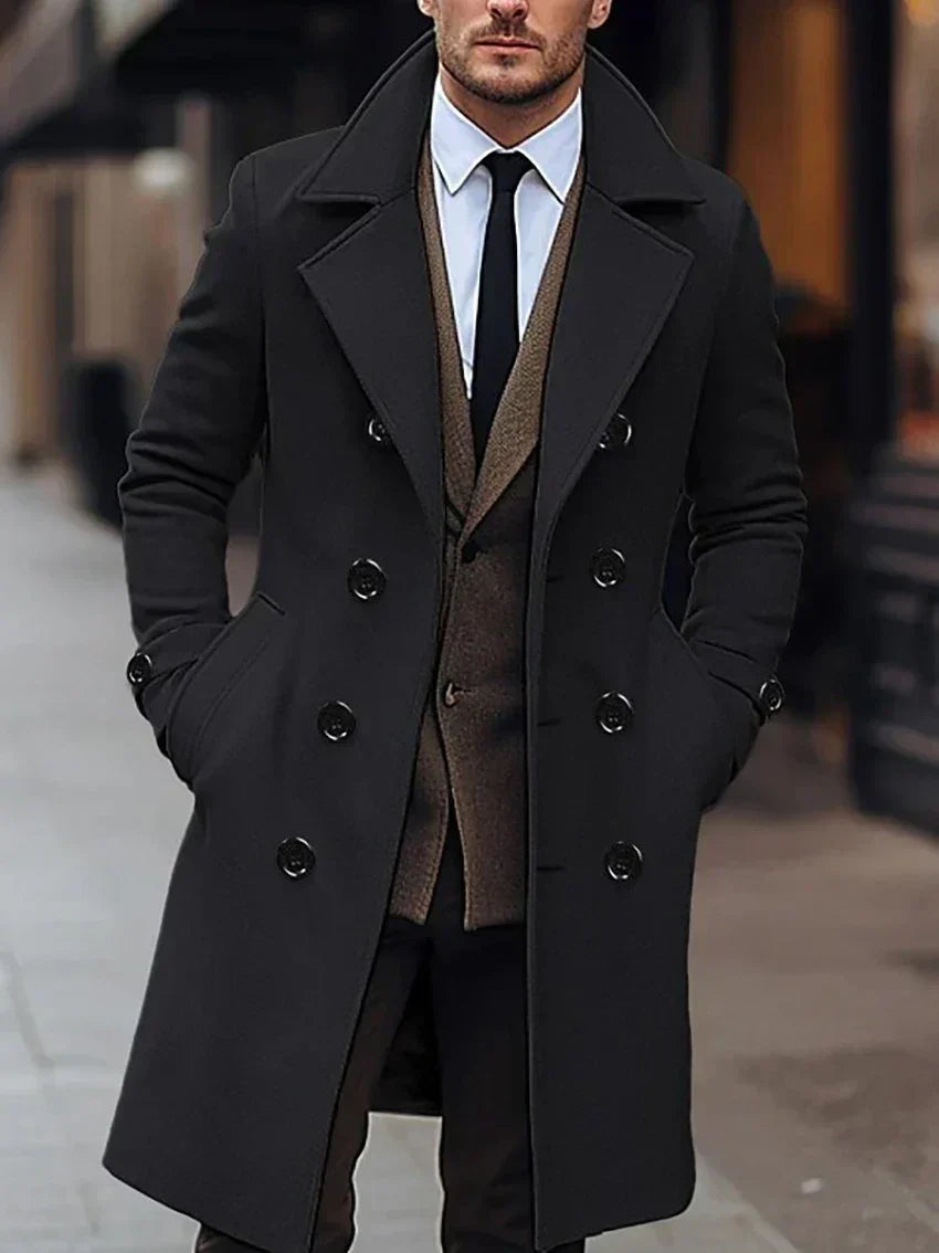 Men's long double-breasted coat with notched lapels and side pockets