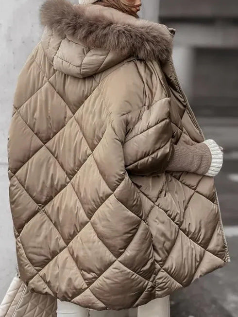 Women's quilted hooded puffer coat with diamond stitching and plush-looking trim