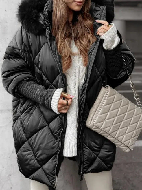Women's quilted hooded puffer coat with diamond stitching and plush-looking trim