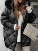 Women's quilted hooded puffer coat with diamond stitching and plush-looking trim