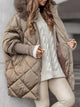 Women's quilted hooded puffer coat with diamond stitching and plush-looking trim
