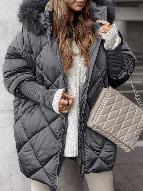 Women's quilted hooded puffer coat with diamond stitching and plush-looking trim