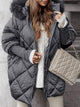 Women's quilted hooded puffer coat with diamond stitching and plush-looking trim