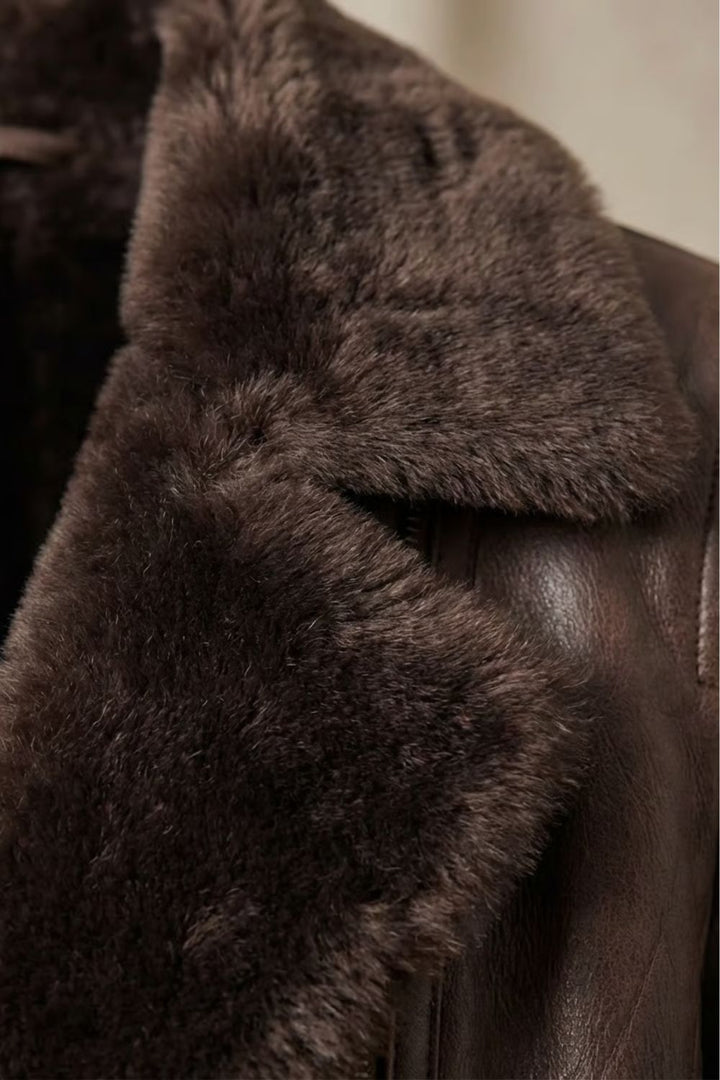 Women's brown jacket with plush-textured collar, long sleeves and zip front