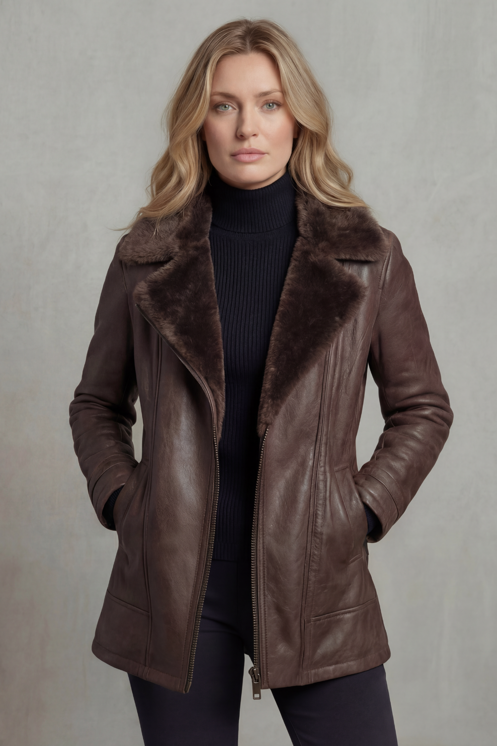 Women's brown jacket with plush-textured collar, long sleeves and zip front
