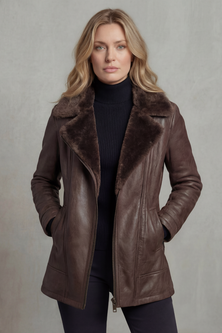 Women's brown jacket with plush-textured collar, long sleeves and zip front