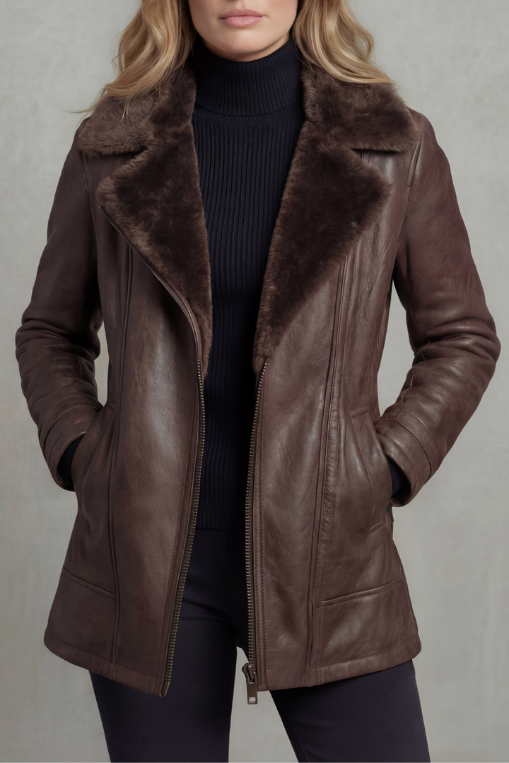 Women's brown jacket with plush-textured collar, long sleeves and zip front