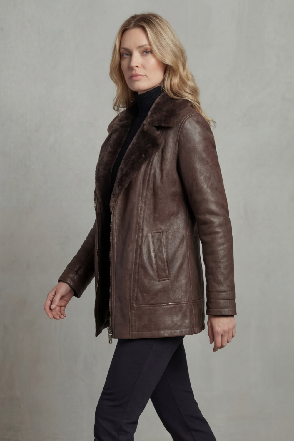 Women's brown jacket with plush-textured collar, long sleeves and zip front