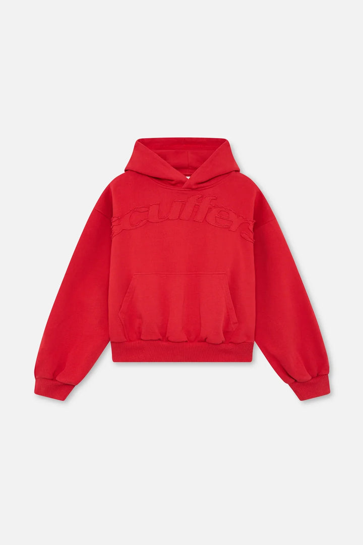 Unisex pullover hoodie with hood, embossed chest lettering and kangaroo pocket