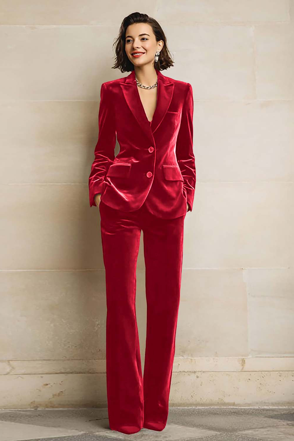 Women's velvet two-piece suit with peak-lapel blazer and wide-leg trousers