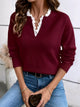 Women's long-sleeve V-neck sweater with scalloped lace neckline trim