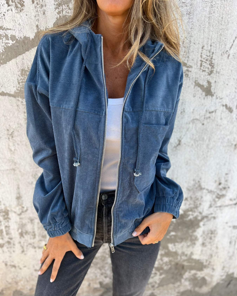 Women's hooded corduroy jacket with zip front and chest pocket