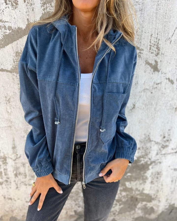 Women's hooded corduroy jacket with zip front and chest pocket