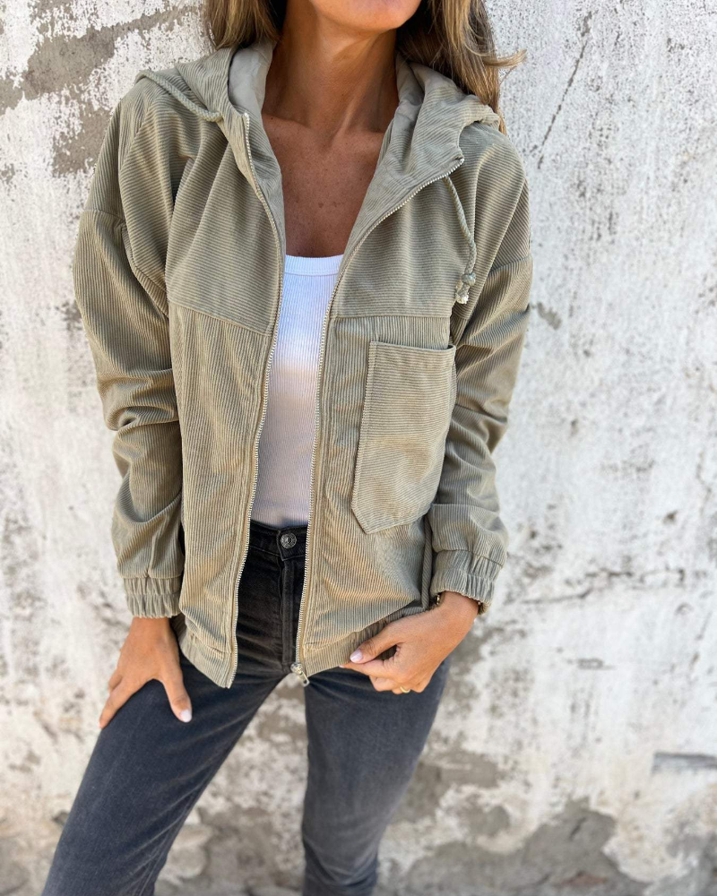 Women's hooded corduroy jacket with zip front and chest pocket