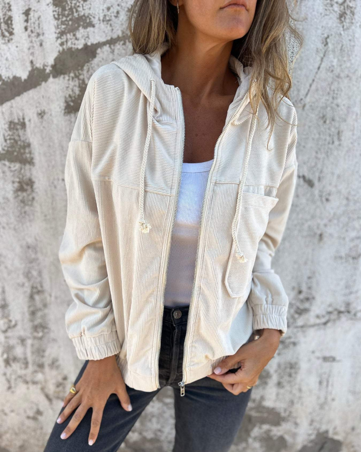 Women's hooded corduroy jacket with zip front and chest pocket