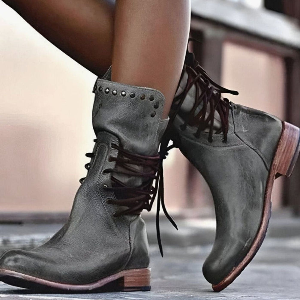 Women's lace-up ankle boots with studded ankle trim and low block heels