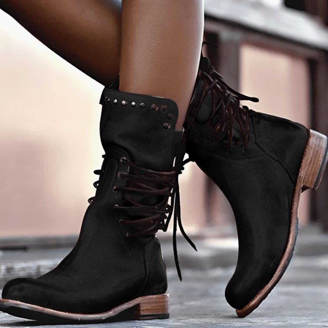Women's lace-up ankle boots with studded ankle trim and low block heels