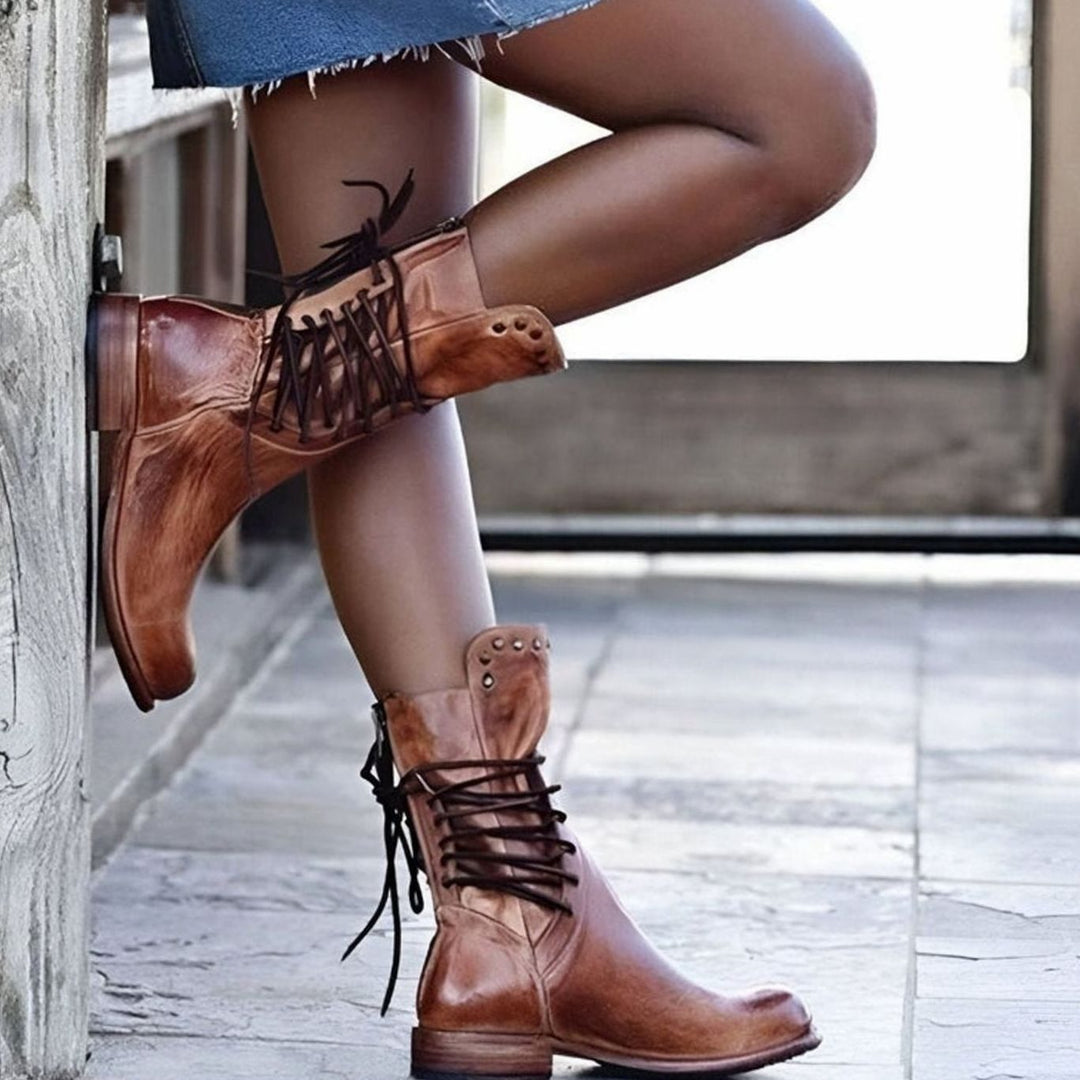 Women's lace-up ankle boots with studded ankle trim and low block heels