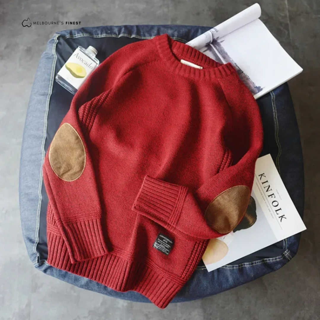 Men's crew neck pullover sweater with long sleeves and contrasting elbow patches