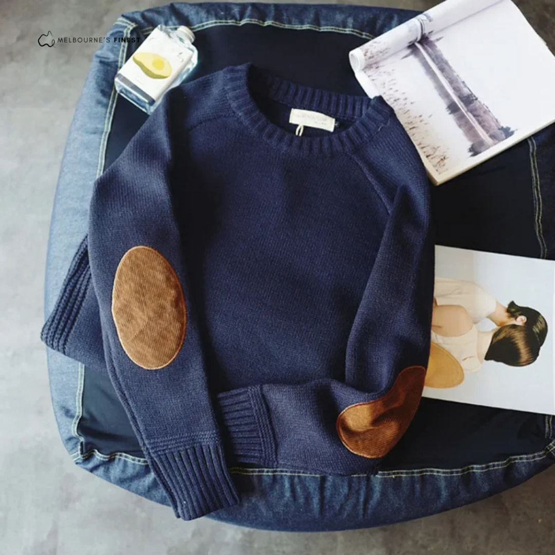 Men's crew neck pullover sweater with long sleeves and contrasting elbow patches