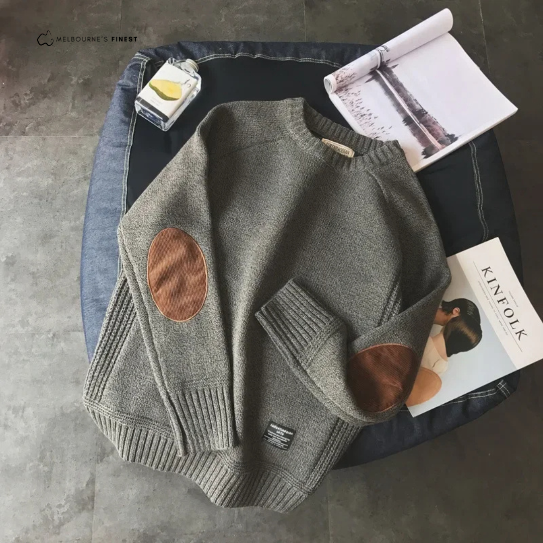 Men's crew neck pullover sweater with long sleeves and contrasting elbow patches