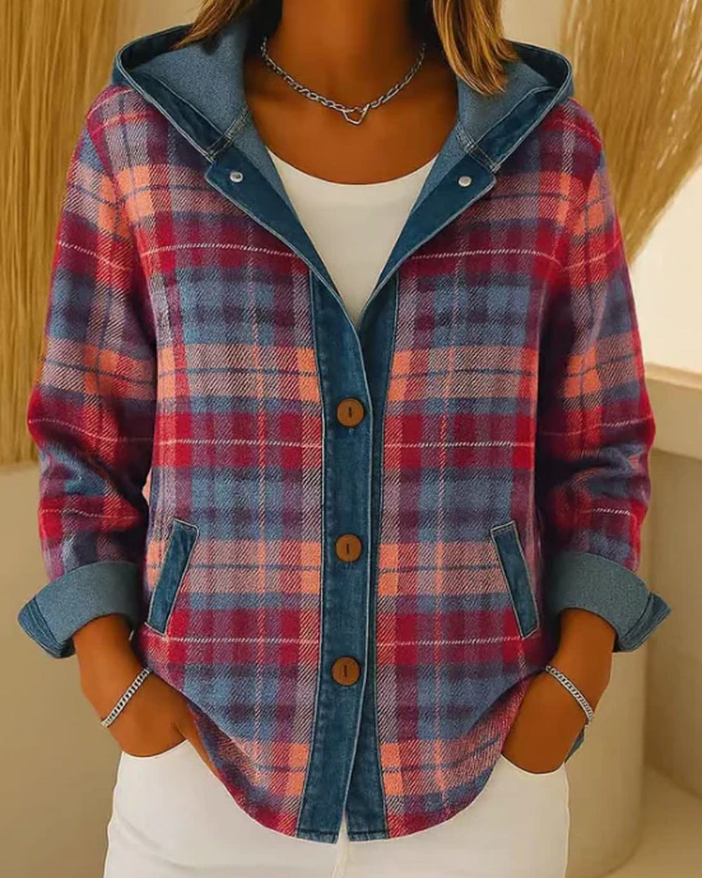 Women's checked plaid hooded jacket with buttons and front pockets