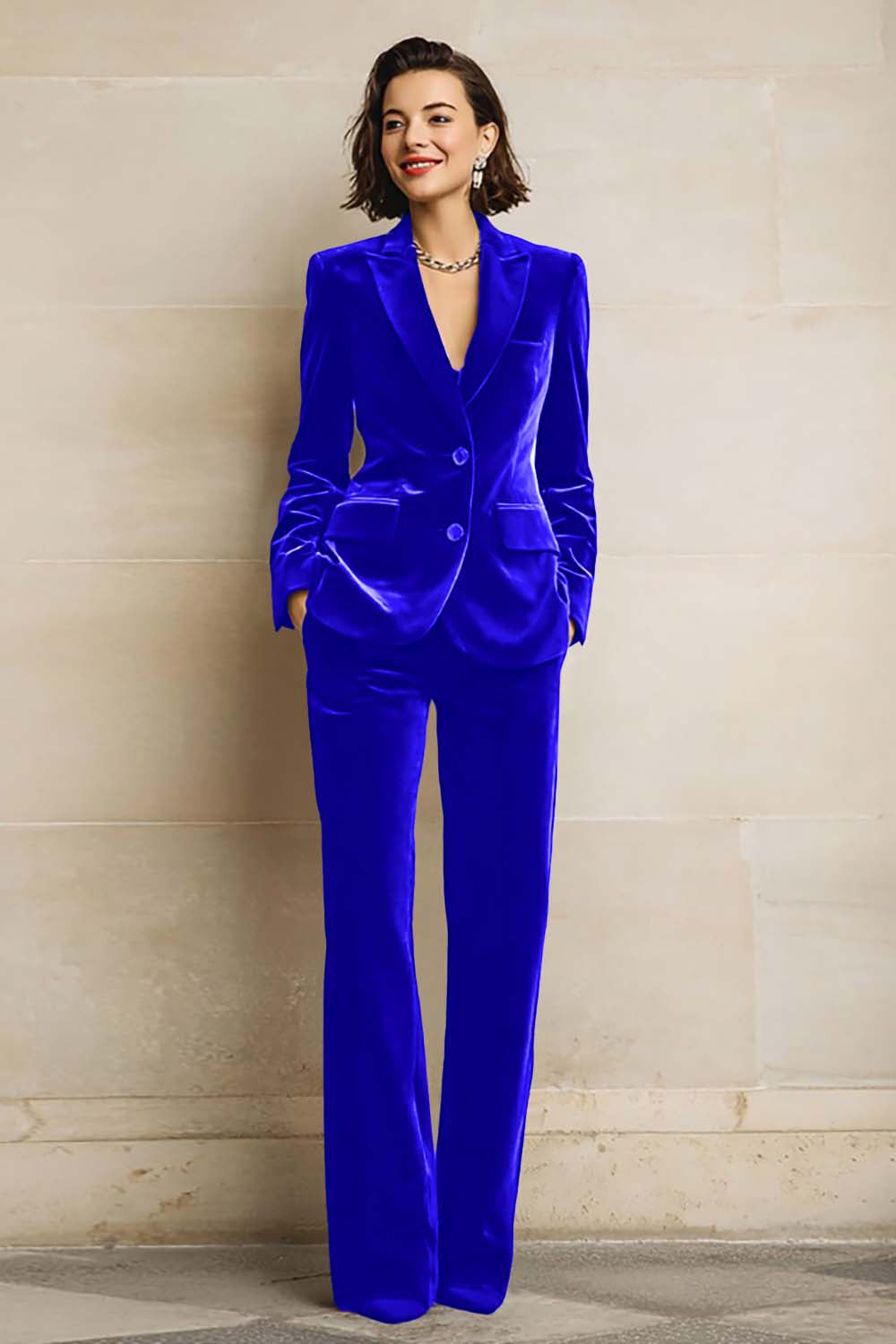 Women's velvet two-piece suit with peak-lapel blazer and wide-leg trousers