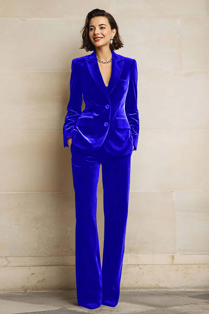 Women's velvet two-piece suit with peak-lapel blazer and wide-leg trousers