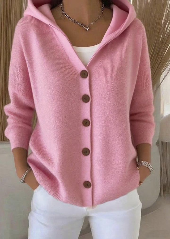 Women's hooded button-front cardigan with long sleeves and ribbed knit texture