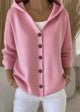 Women's hooded button-front cardigan with long sleeves and ribbed knit texture