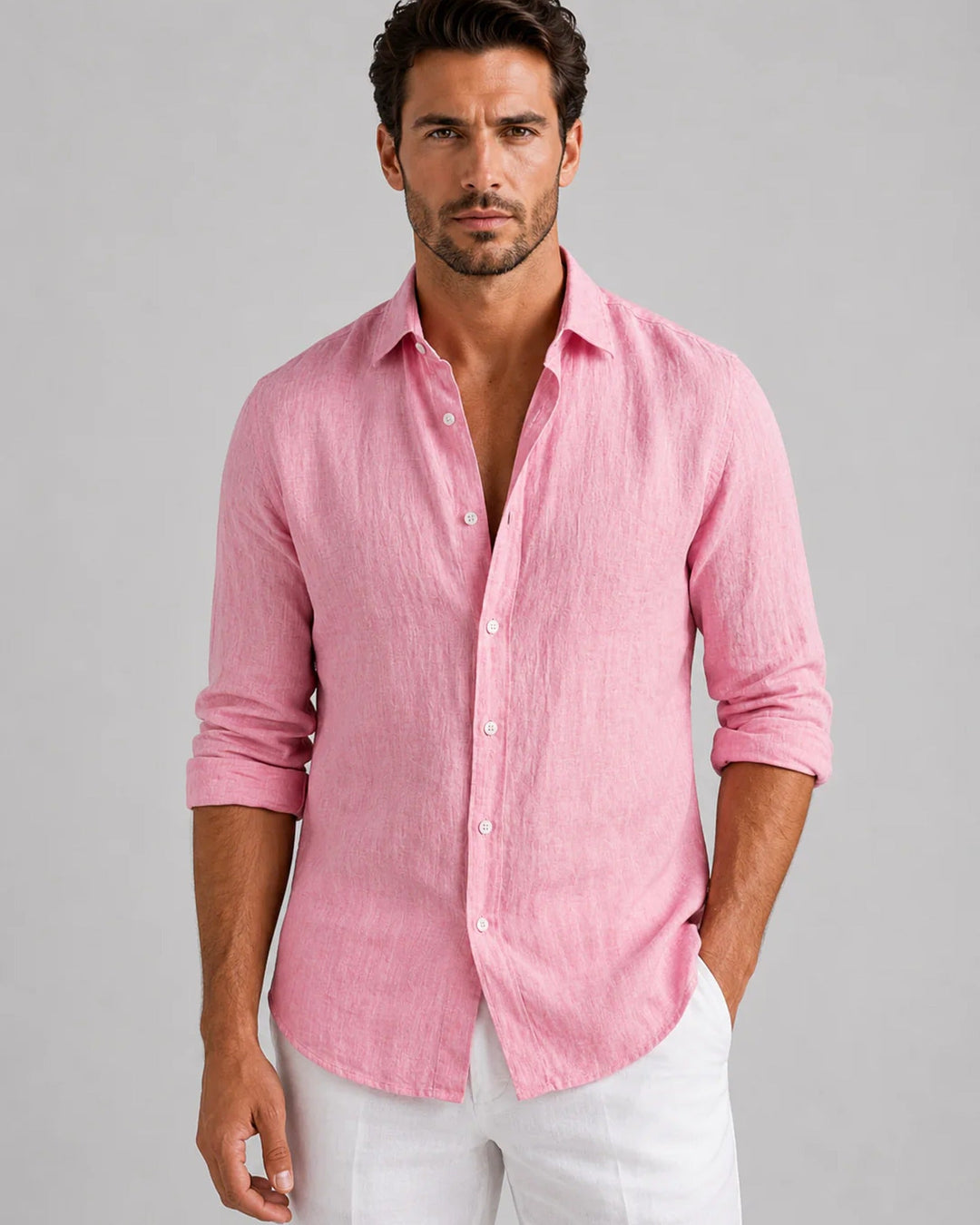 Men's long sleeve button-front shirt with pointed collar and curved hem