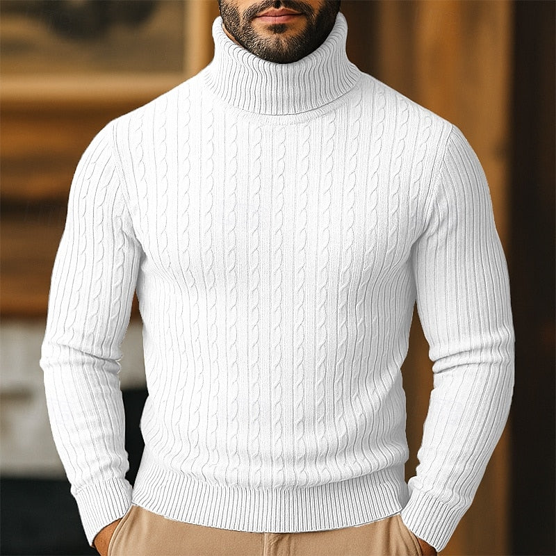 Men's cable knit turtleneck sweater with long sleeves and ribbed trims