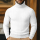 Men's cable knit turtleneck sweater with long sleeves and ribbed trims