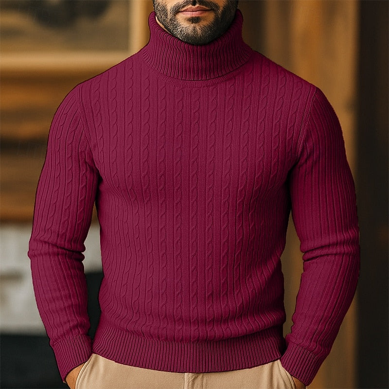 Men's cable knit turtleneck sweater with long sleeves and ribbed trims