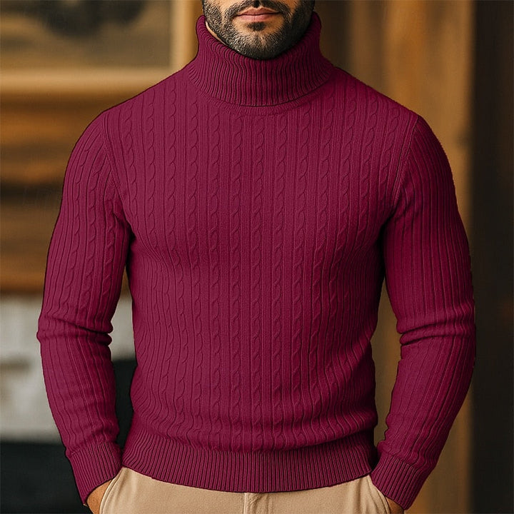 Men's cable knit turtleneck sweater with long sleeves and ribbed trims