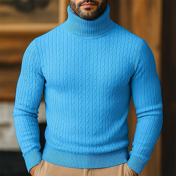 Men's cable knit turtleneck sweater with long sleeves and ribbed trims