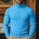 Men's cable knit turtleneck sweater with long sleeves and ribbed trims