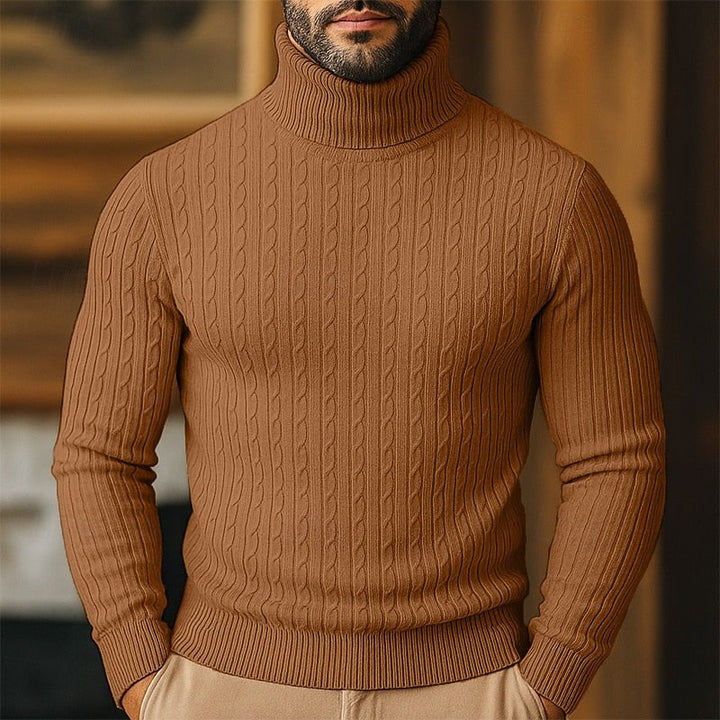 Men's cable knit turtleneck sweater with long sleeves and ribbed trims