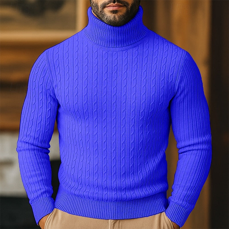 Men's cable knit turtleneck sweater with long sleeves and ribbed trims