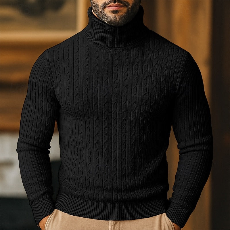 Men's cable knit turtleneck sweater with long sleeves and ribbed trims