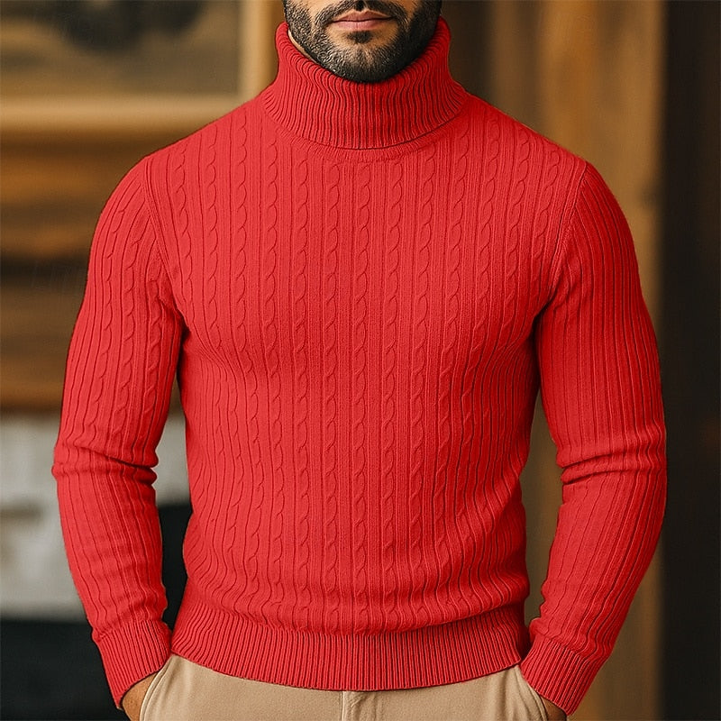 Men's cable knit turtleneck sweater with long sleeves and ribbed trims