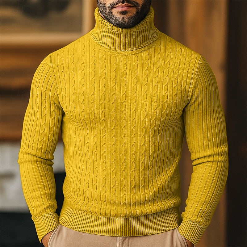 Men's cable knit turtleneck sweater with long sleeves and ribbed trims