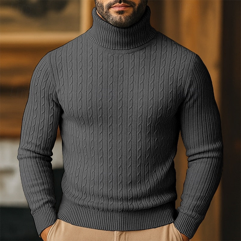 Men's cable knit turtleneck sweater with long sleeves and ribbed trims