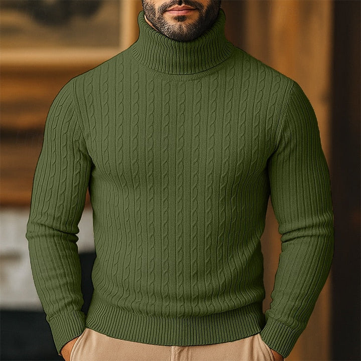Men's cable knit turtleneck sweater with long sleeves and ribbed trims